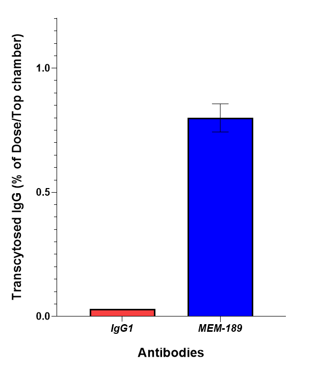 Bar chart of transcytosed IgG as a percentage of dose in the top chamber: control IgG1 near 0.03 percent, anti-TfR MEM-189 around 0.8 percent